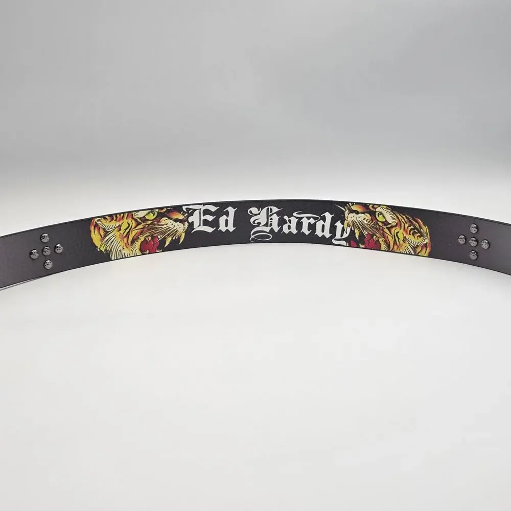 Ed Hardy Love kills Slowly Men's Size 36 Belt Black Gray Studded Graphic New